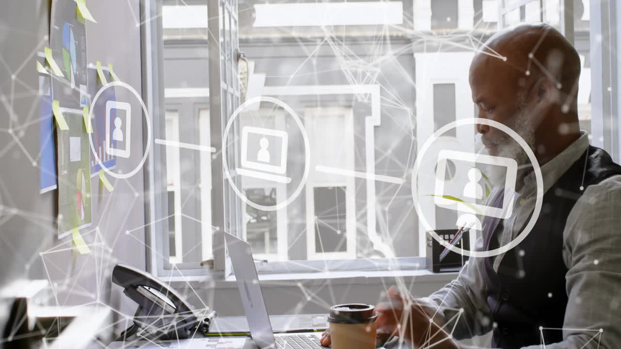 Animation of connections and data processing over african american businessman in office