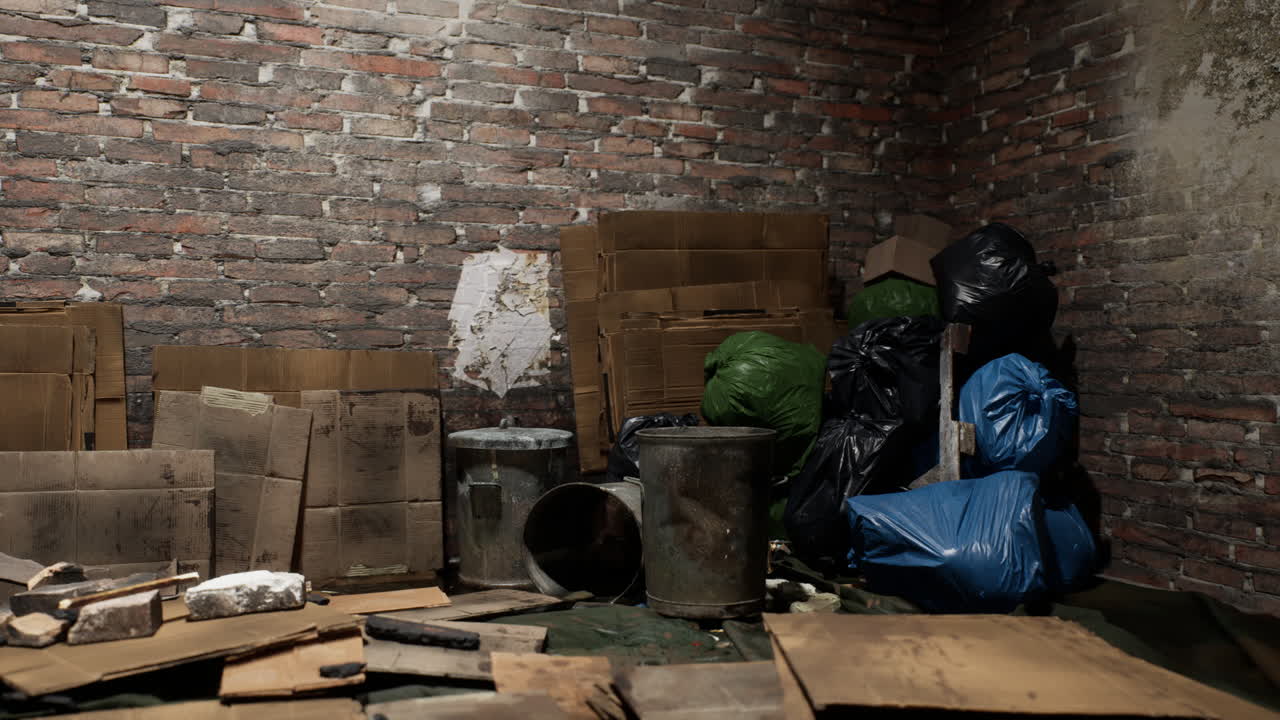Acumulación de basura en una habitación vacía con paredes de ladrillo y cajas de cartón