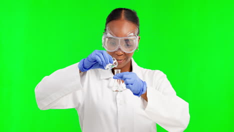 gloves, science and black woman on a green screen