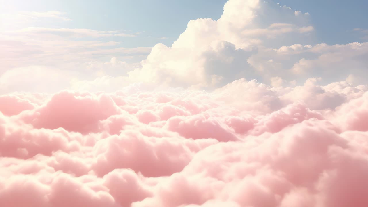 Aerial view of dreamy pink clouds under a bright sky, evoking a serene, ethereal atmosphere