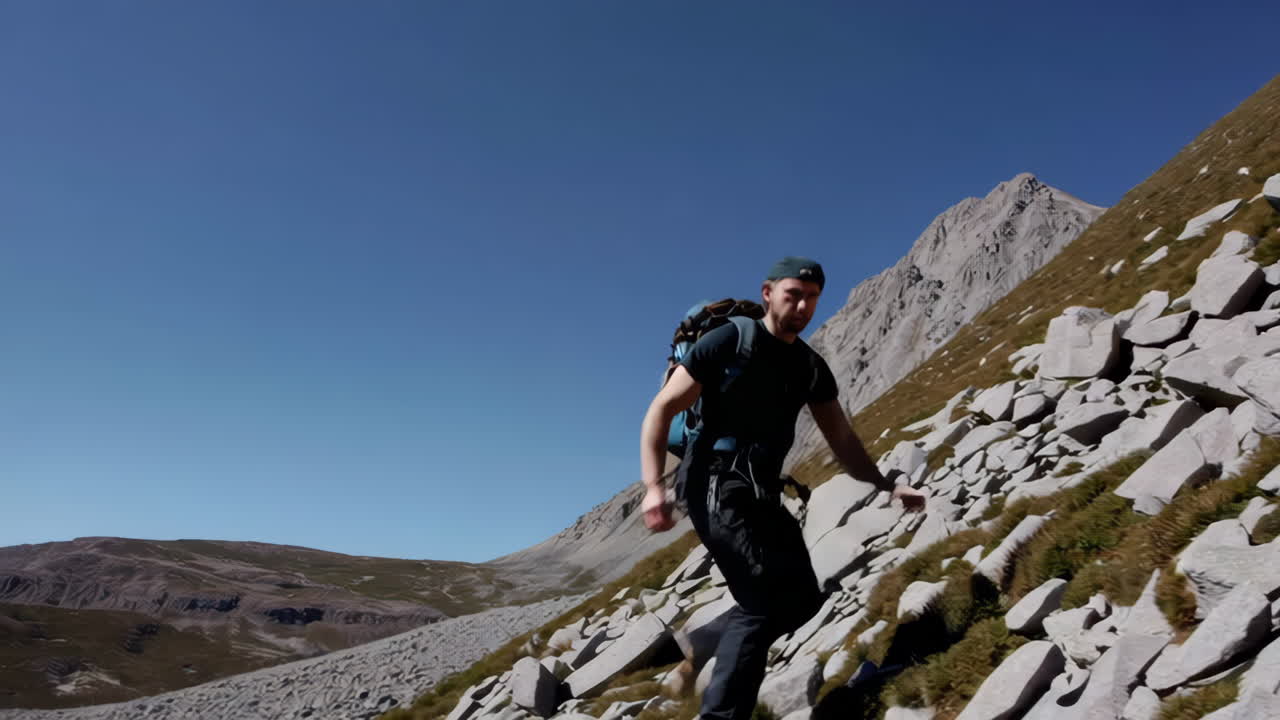 Man Hiking Up a Steep, Rocky Mountain Trail