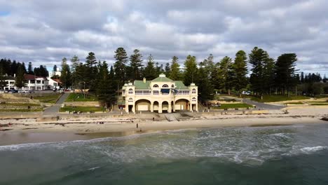 Wide-Aerial-of-Cottesloe-Beach-to-extreme-closeup-Indiana-Tea-House-Perth,-WA