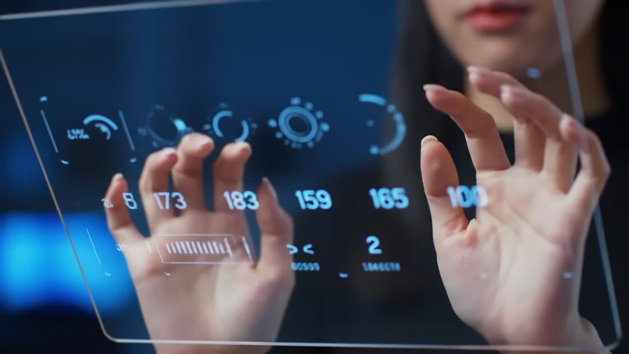 Woman interacting with a futuristic holographic display