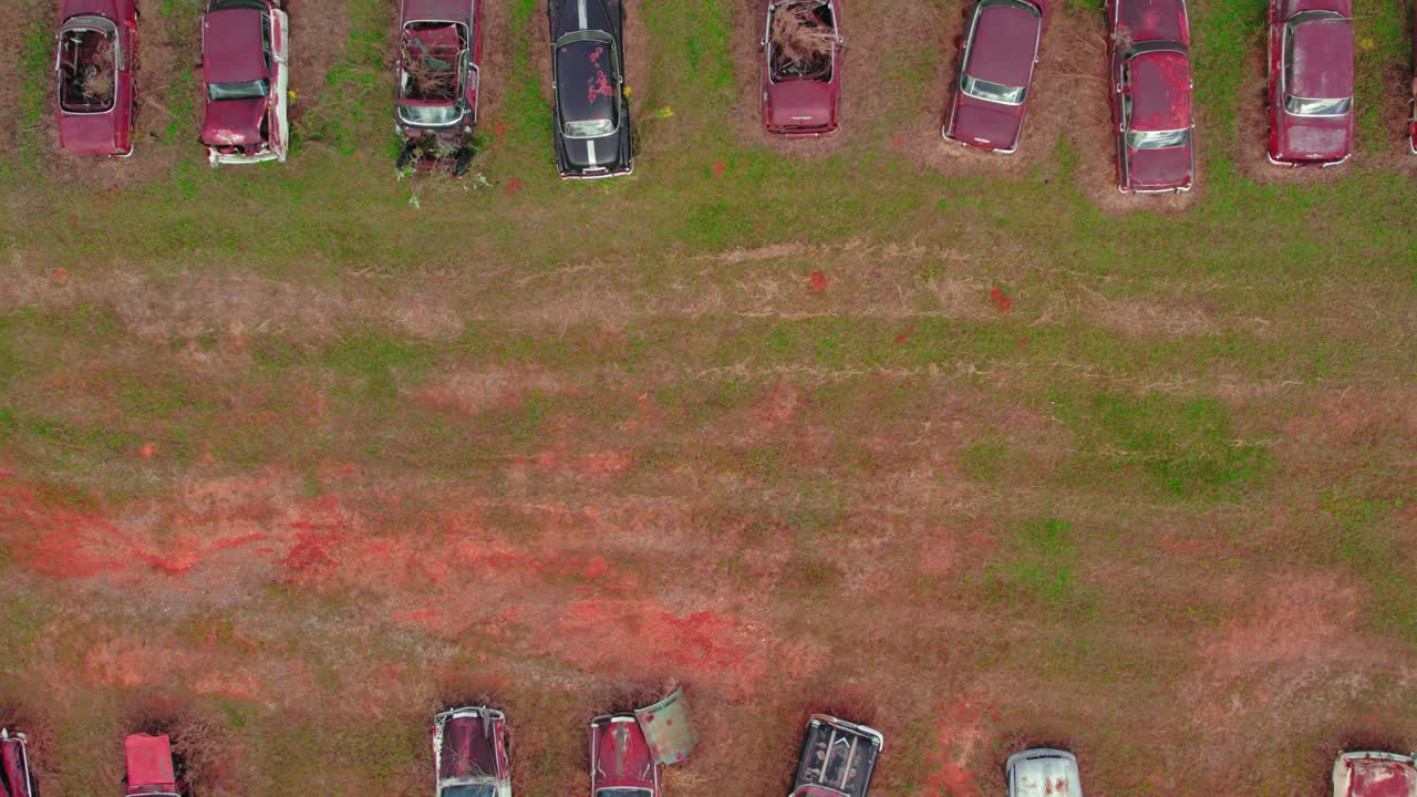 Aerial drone's bottom-up view over old cars buried in a field next to a street