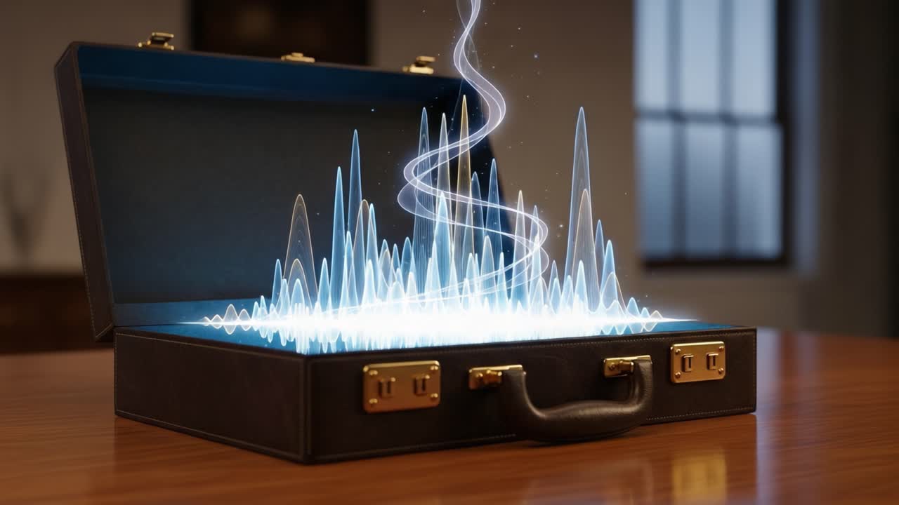 A Mysterious Briefcase Unleashes Enigmatic Sounds Through Vibrant Waves, Creating a Visually Stunning Display of Energy and Motion