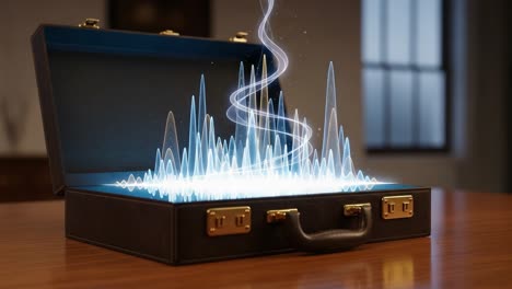 a mysterious briefcase unleashes enigmatic sounds through vibrant waves, creating a visually stunning display of energy and motion