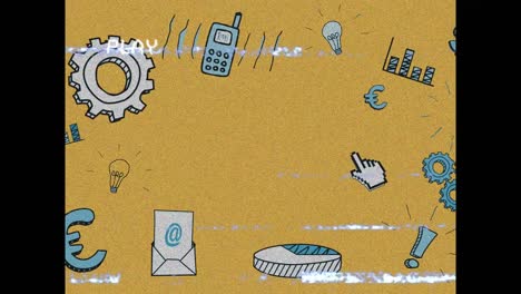 animación digital del efecto de falla de vhs sobre múltiples iconos de concepto de negocio en fondo amarillo
