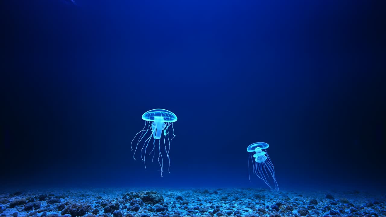岩の多い海底から水面に向かって漂う、光る2匹のクラゲを引き起こす脈打つベルの光。