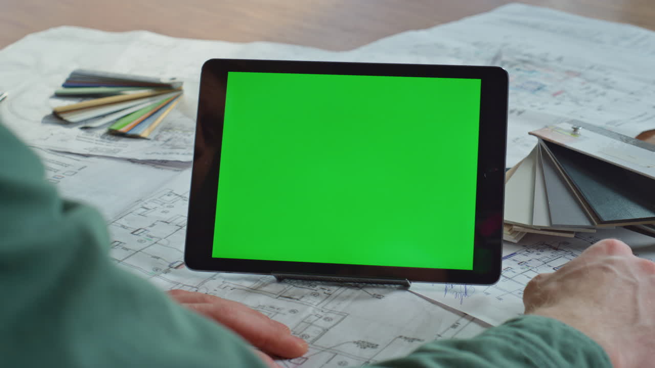 Construction specialist watching greenscreen tablet at creative agency closeup