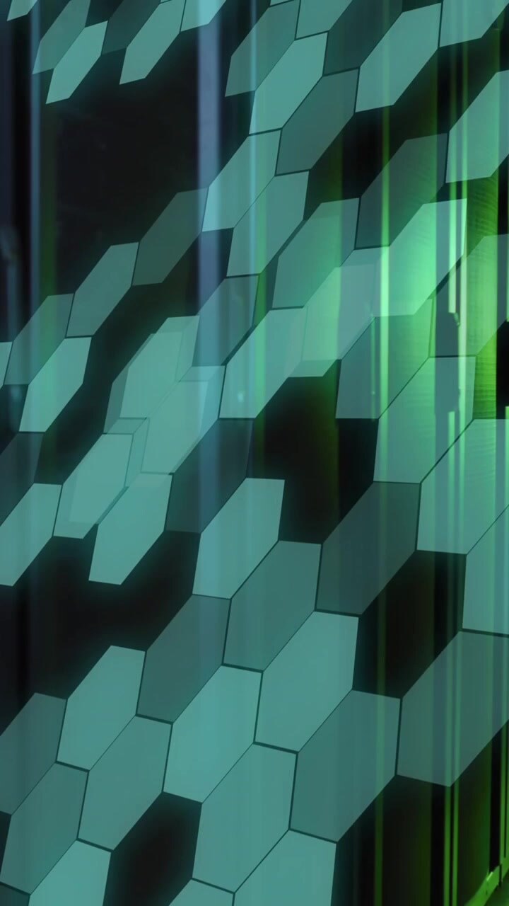 Animation of shapes moving over asian male worker in server room