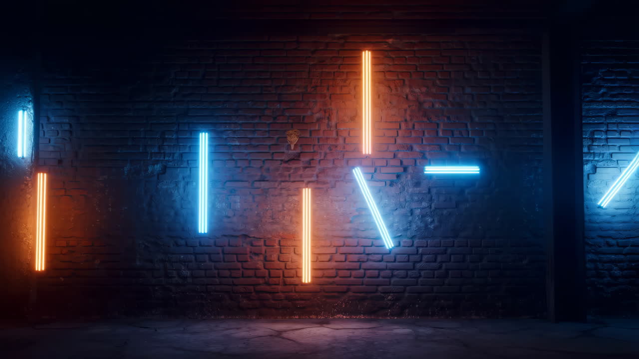 Abstract Neon Lights on Dark Brick Wall