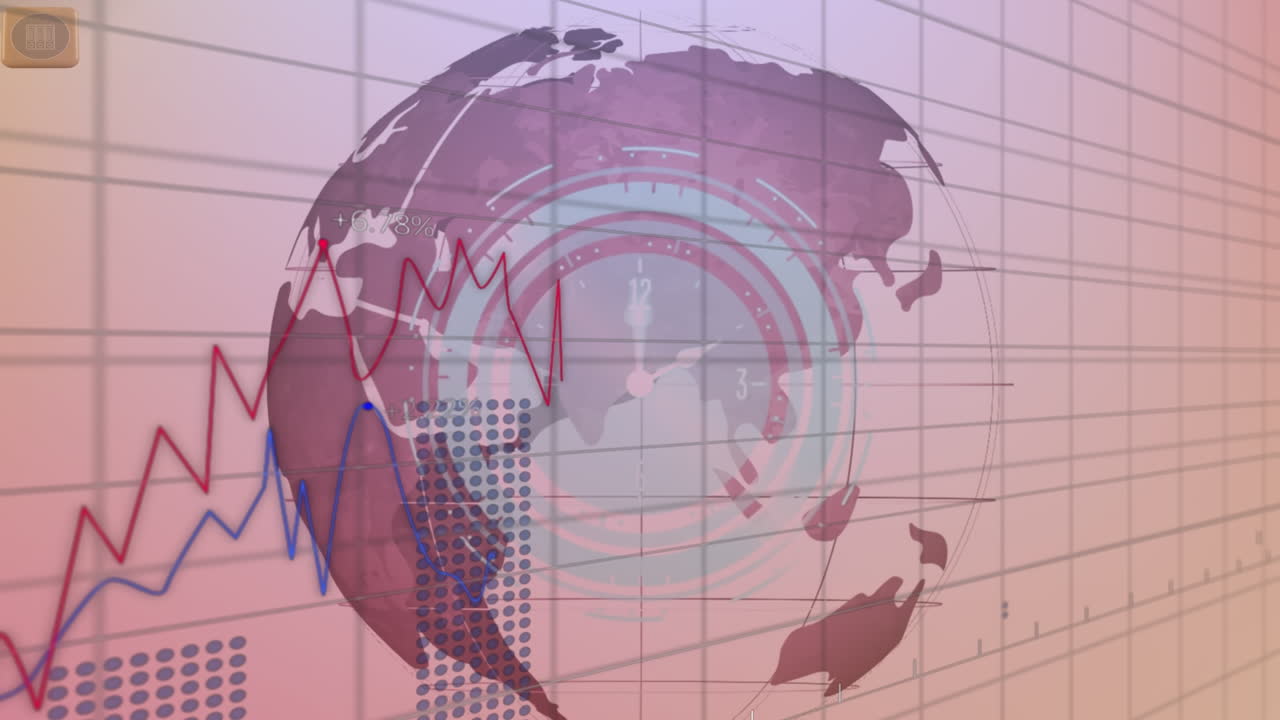 animación del movimiento del reloj y el globo sobre el procesamiento de datos