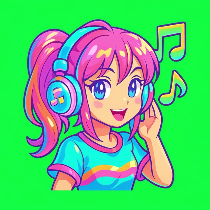 Ragazza anime vivace con capelli rosa che ascolta musica