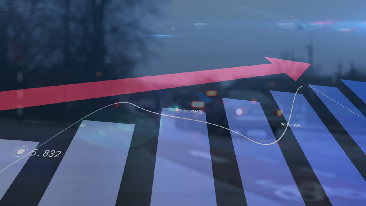 그래프, 숫자 및 배경의 거리 위에 화살표의 애니메이션