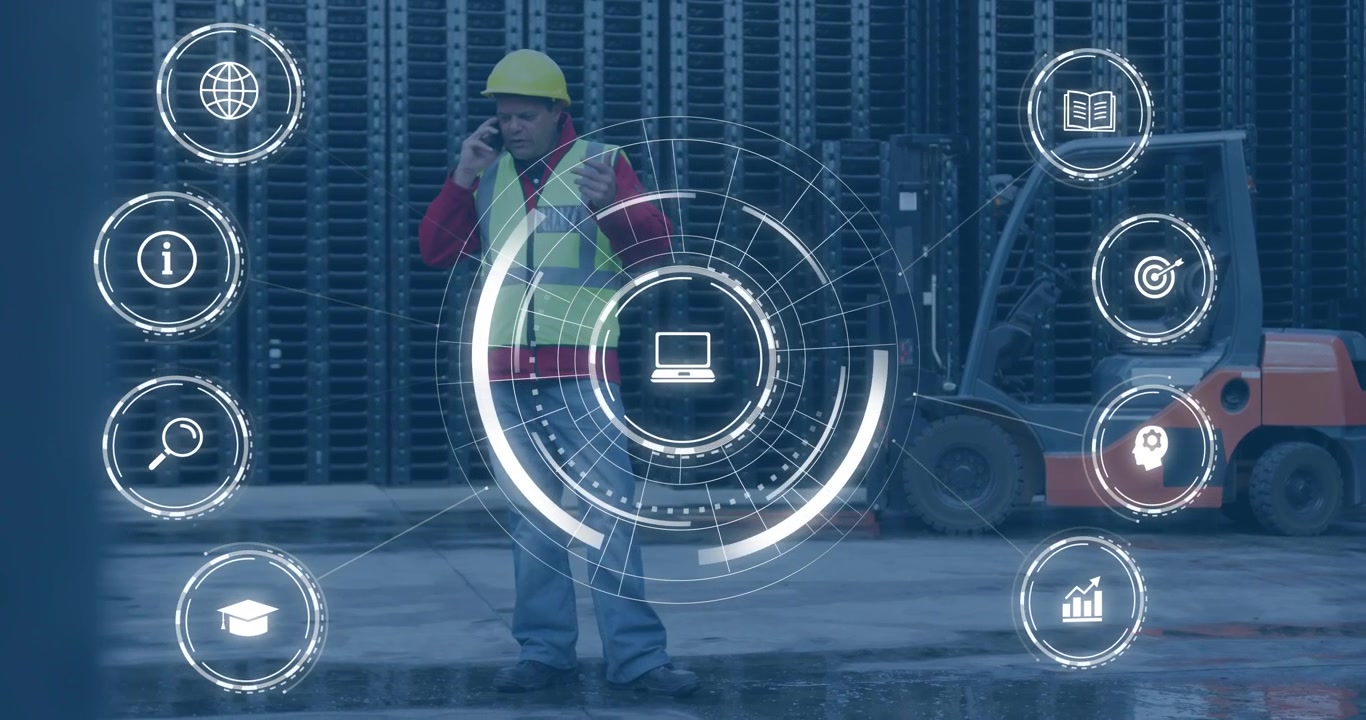 Manager wearing safety vest using smartphone near forklift in warehouse with floating digital icons