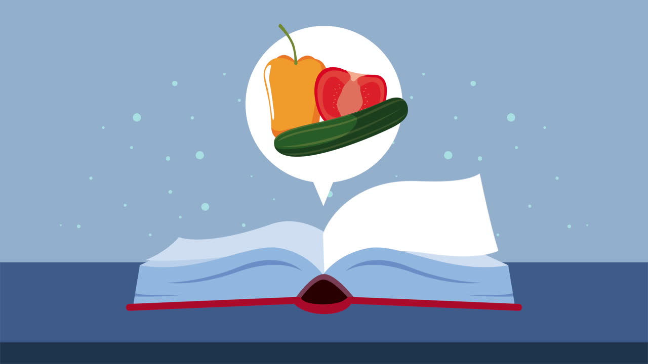 libro de recetas con animación de verduras