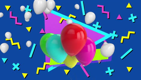 globos de colores flotando sobre formas de colores sobre un fondo azul