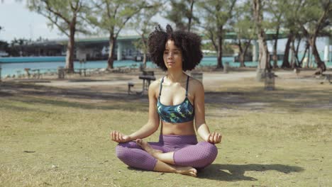 mujer contenta meditando a la luz del sol en el parque