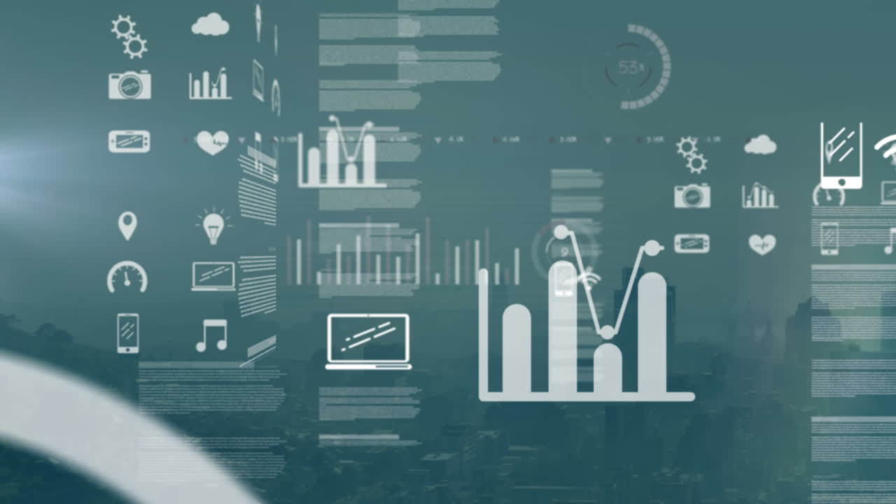 Animation of data processing and icons over cityscape