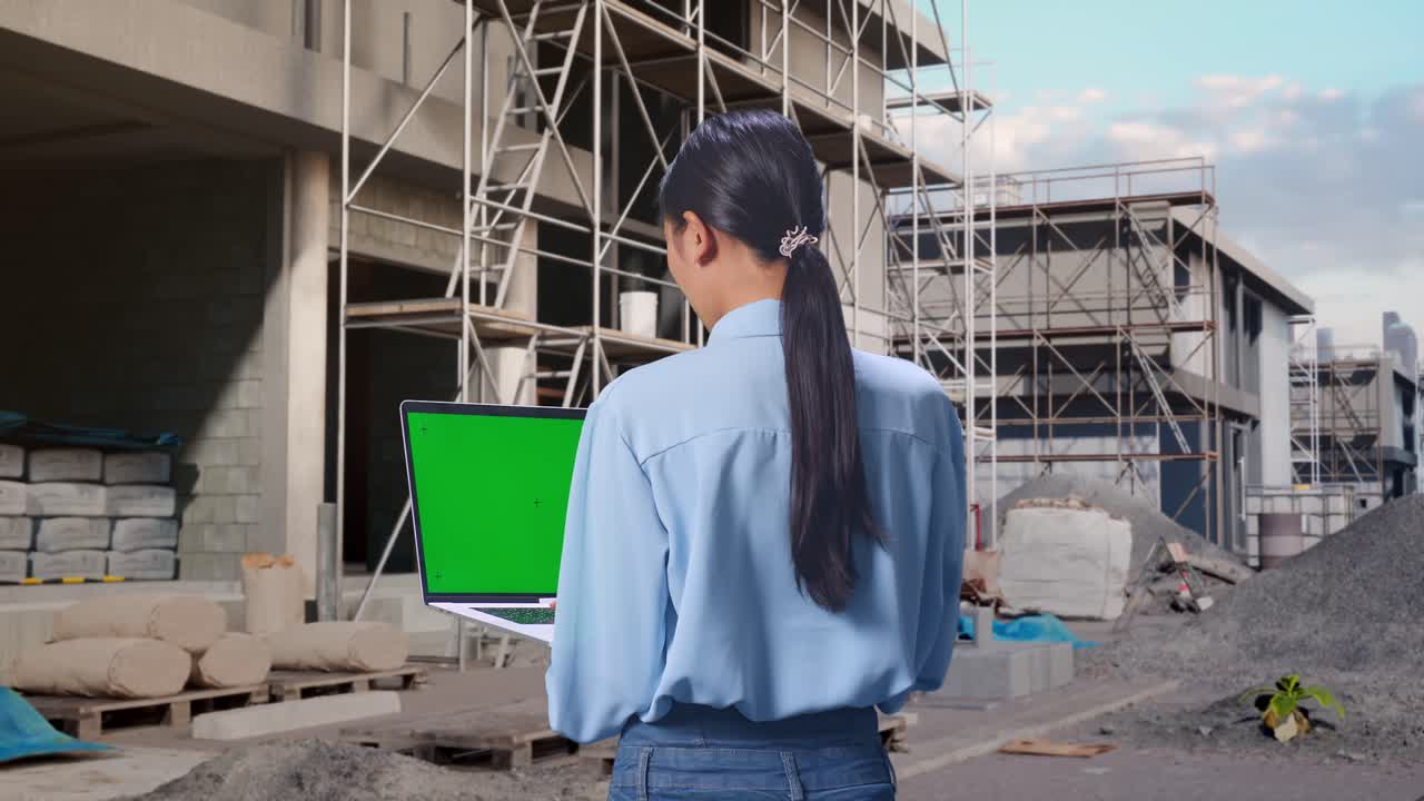 Back View Of Asian Female At Construction Site in Progress to New House, Typing On Laptop'S Keyboard With Green Screen And Look