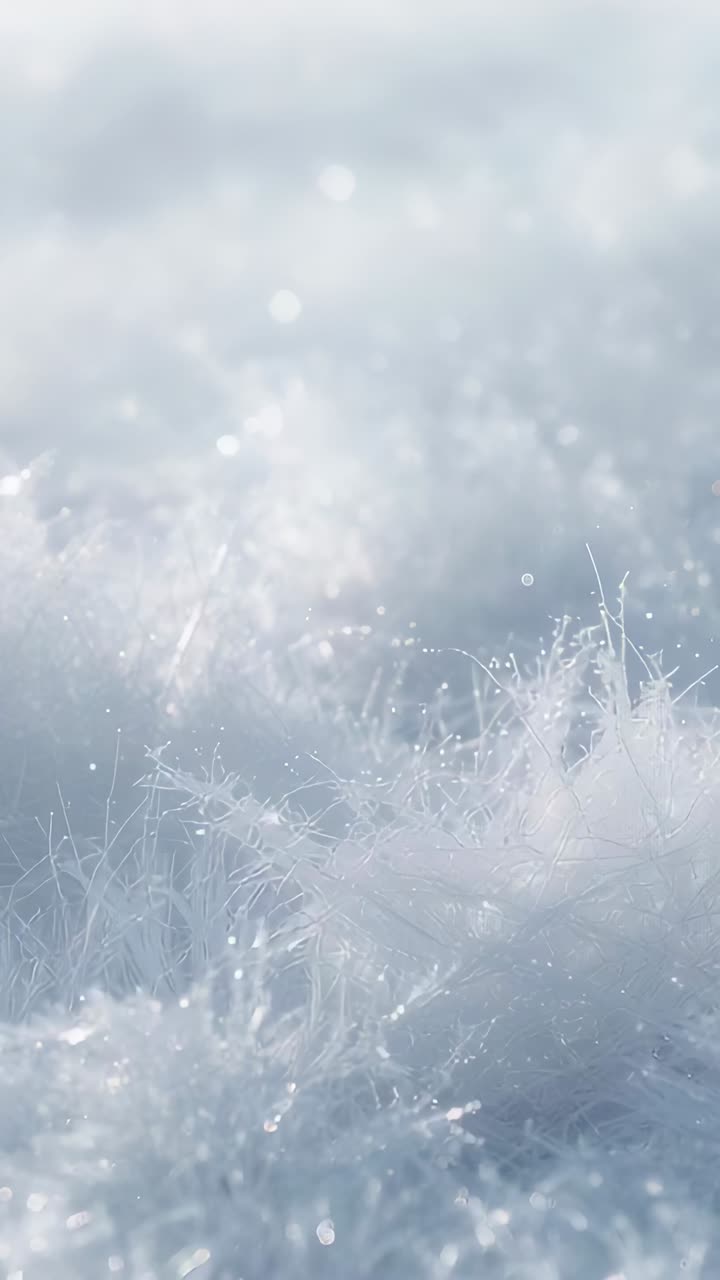 Vertical video: Pulling lens revealing ice crystals on frosty ground, exposing more frost and bokeh