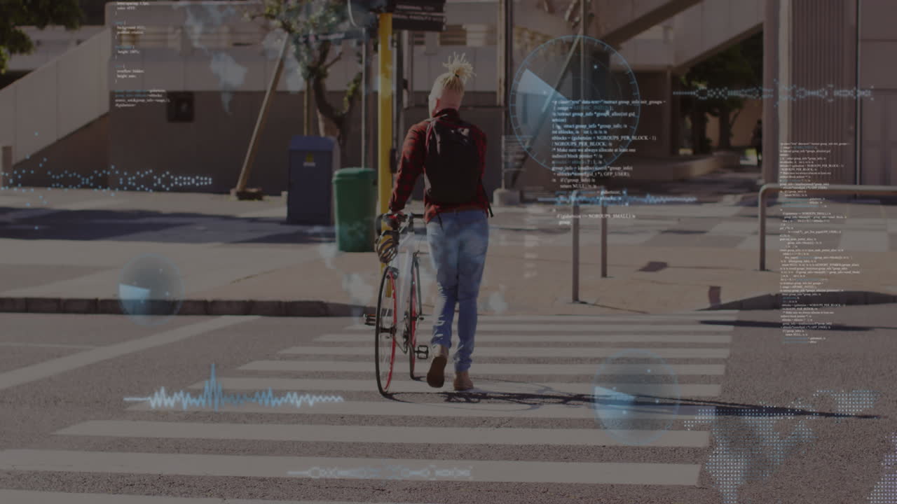 Animation of globe and data processing over african american albino man on zebra crossing