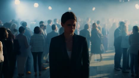 a woman in a suit stands in front of a crowd of people at an event.