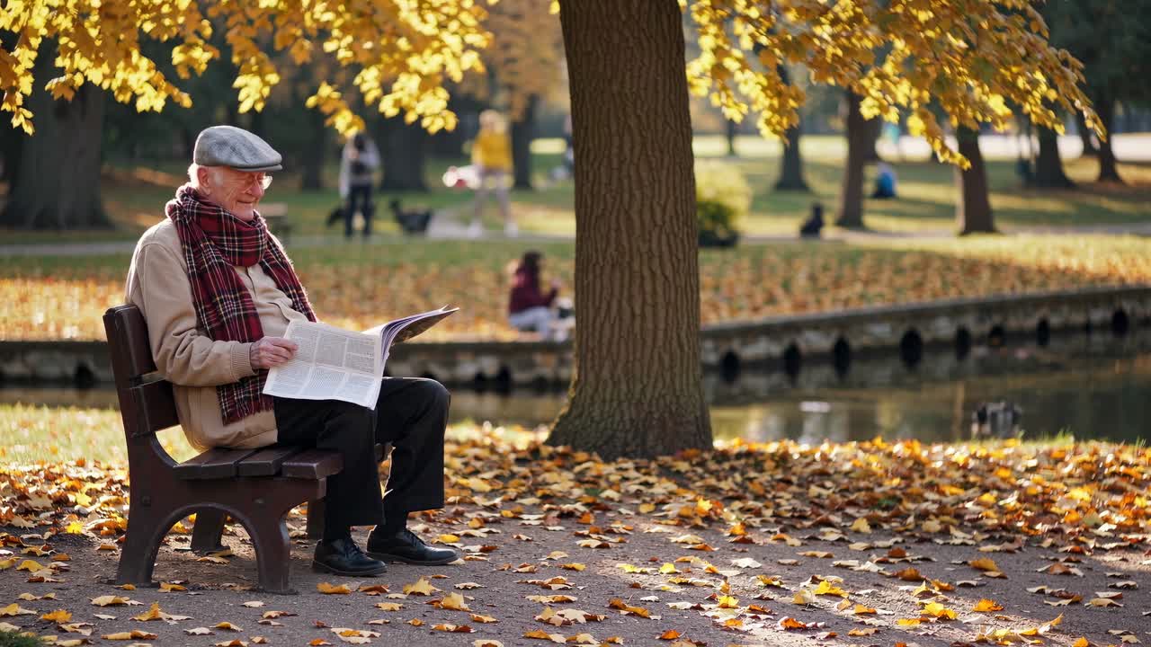 A serene autumn park scene captured at eye level, featuring an elderly man reading on a bench