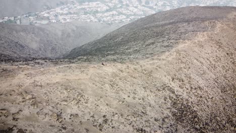 Tilting-drone-shot-of-hikers-on-top-of-a-crest-of-a-mountain-next-to-the-city-of-Lima-Peru-during-sunrise