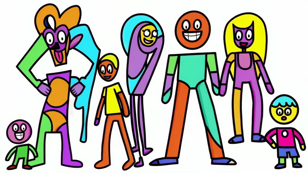 Colorful Abstract Cartoon Family Group