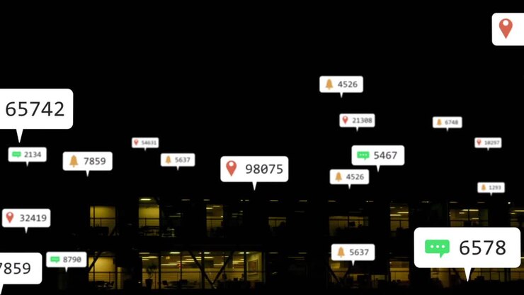 Animation of social media icons with numbers over office building