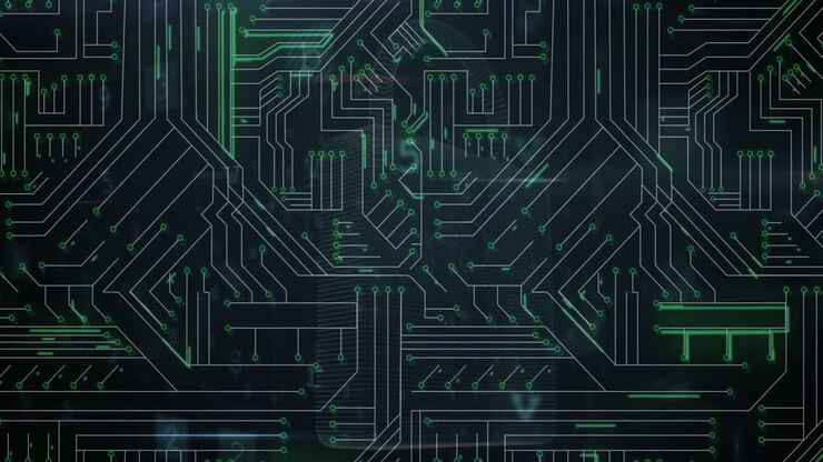 Animazione di elaborazione dati di cybersicurezza sopra connessioni di microprocessori su sfondo nero.