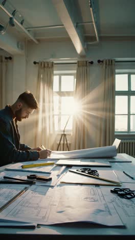 architect working on blueprints in a bright office