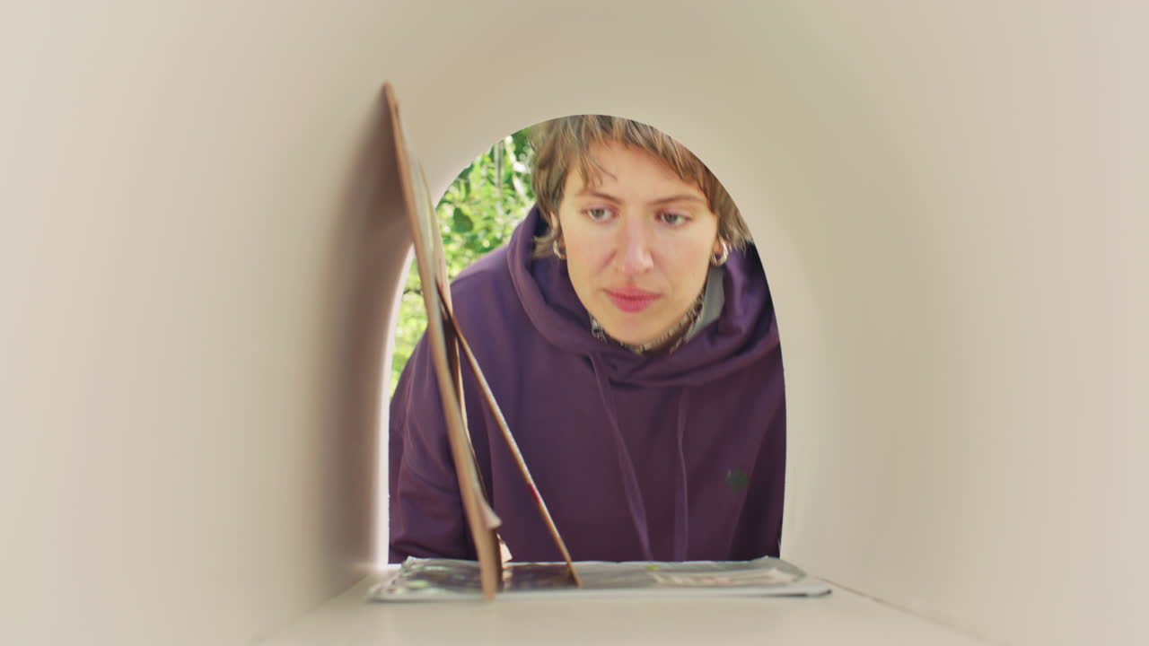 Girl in Hoodie Collecting Several Envelopes from Mailbox