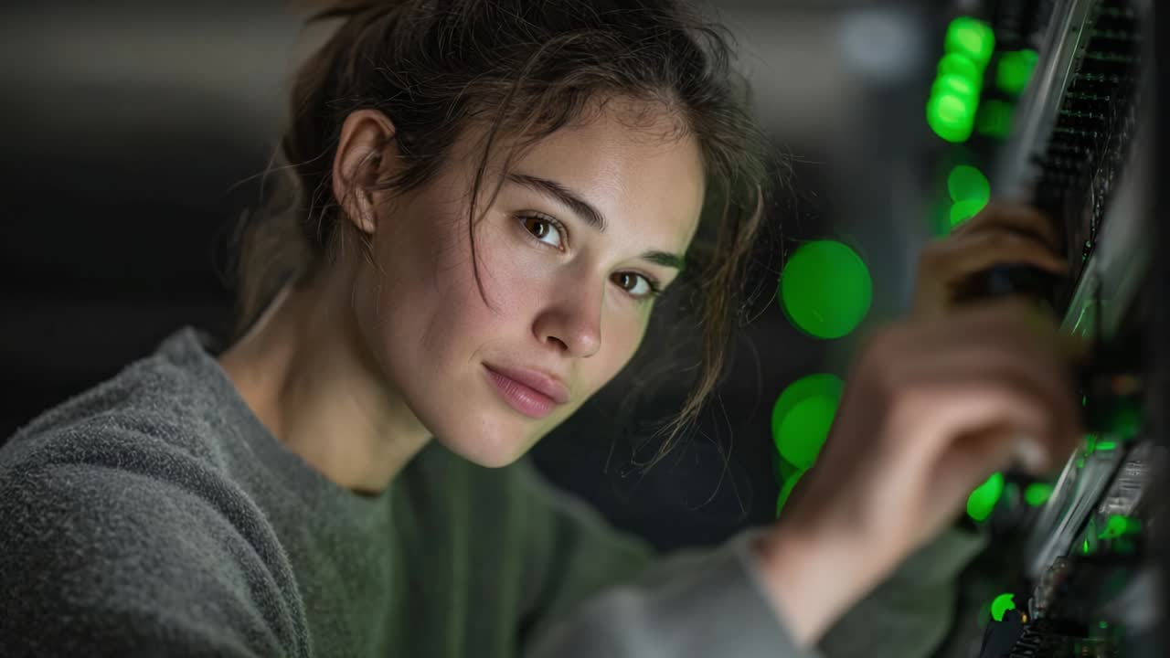 Engaged Technician Adjusting Equipment in a High-Tech Environment With Illuminating Green Lights Reflecting a Modern Technological Setup