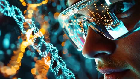 a man wearing a pair of safety glasses looking at a dna strand