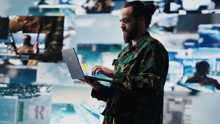 Armed forces soldier gathers surveillance from digital drone systems