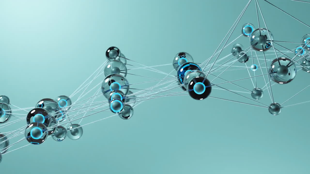 파란색 배경 위에 선과 렌즈 플레어로 연결된 원의 애니메이션