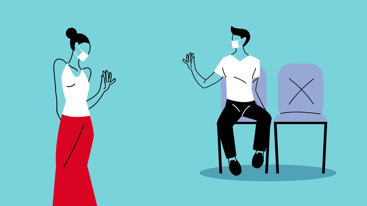 젊은 비즈니스 커플이 스마트폰을 사용하여 covid-19에 대한 의료 마스크를 착용합니다.