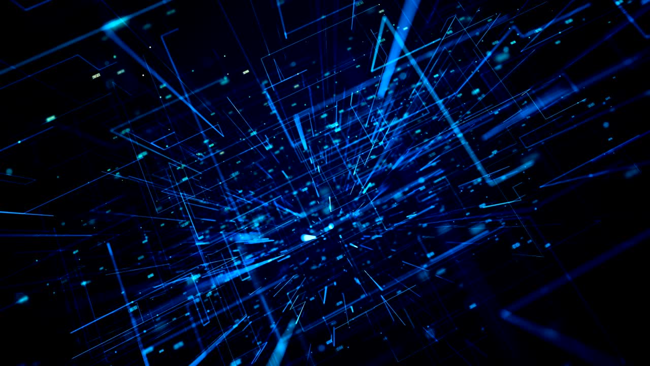 volar a través de una representación 3d abstracta de una red de código binario de datos de tecnología científica que transmite conectividad, complejidad y inundación de datos