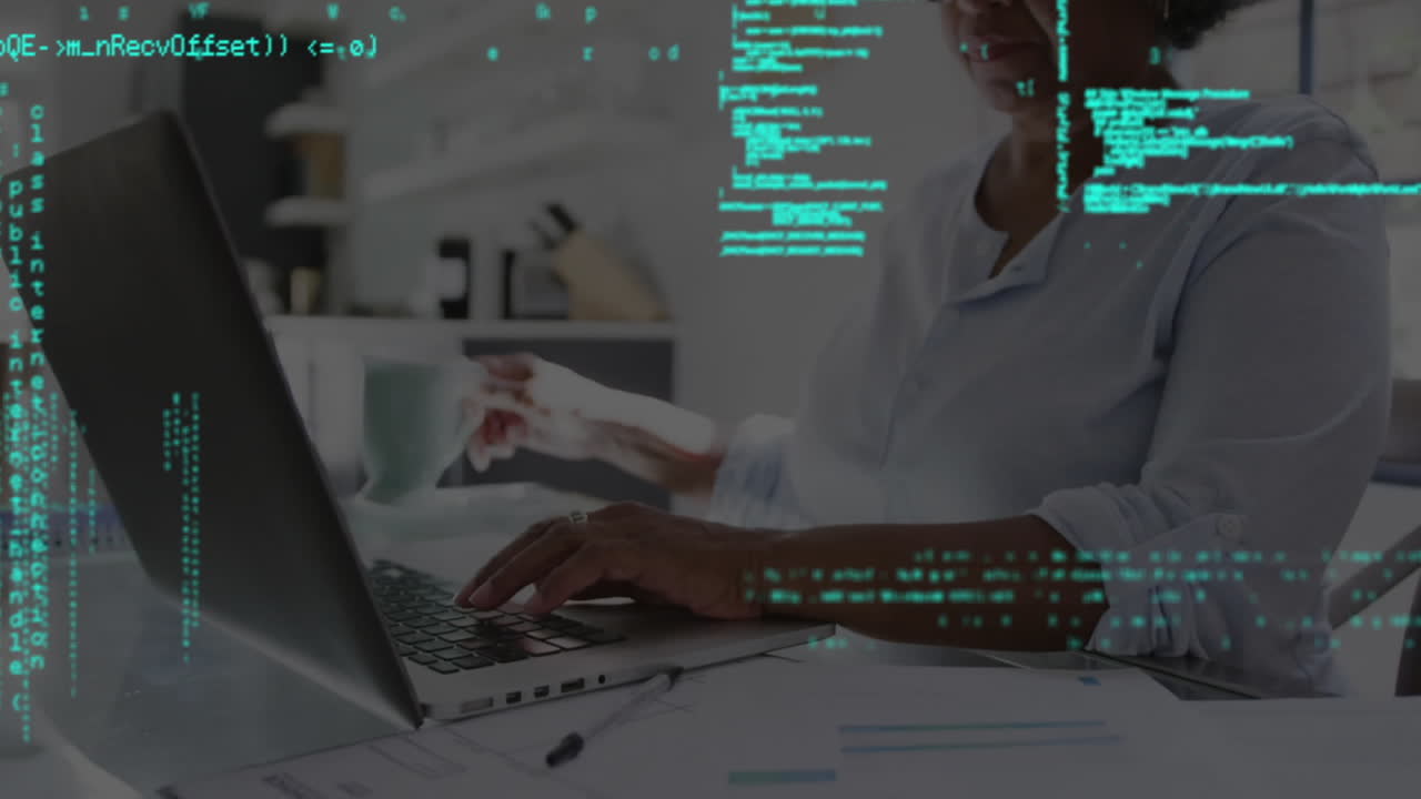 Animation of data processing over african american woman using laptop