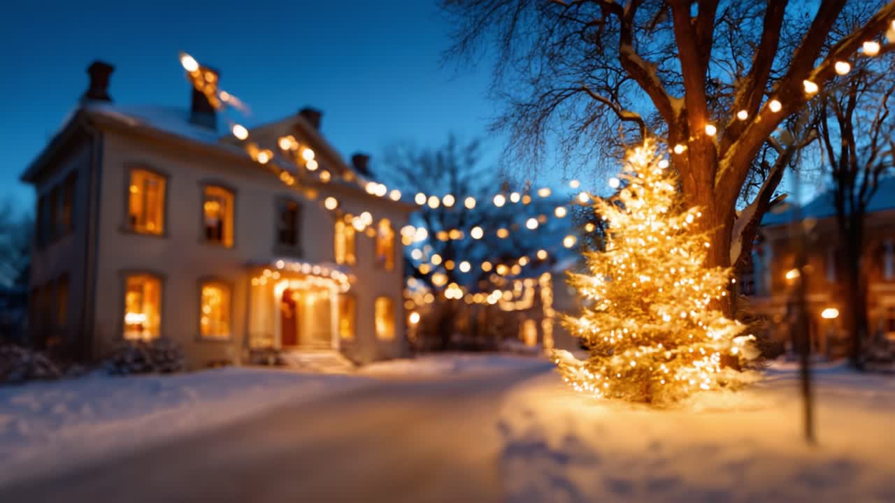 Enchanting Winter Evening: A Charming House Adorned with Festive Lights and a Sparkling Christmas Tree in a Snowy Neighborhood