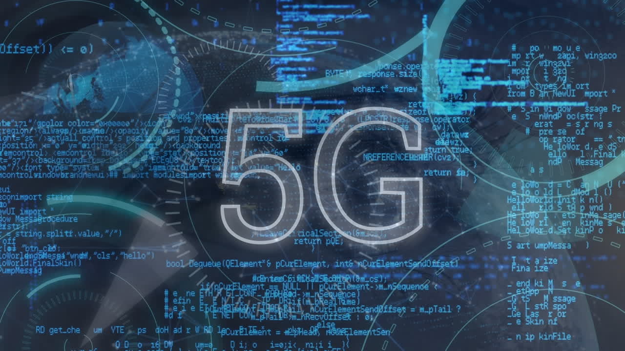 animazione dell'elaborazione digitale dei dati e testo 5g su sfondo blu
