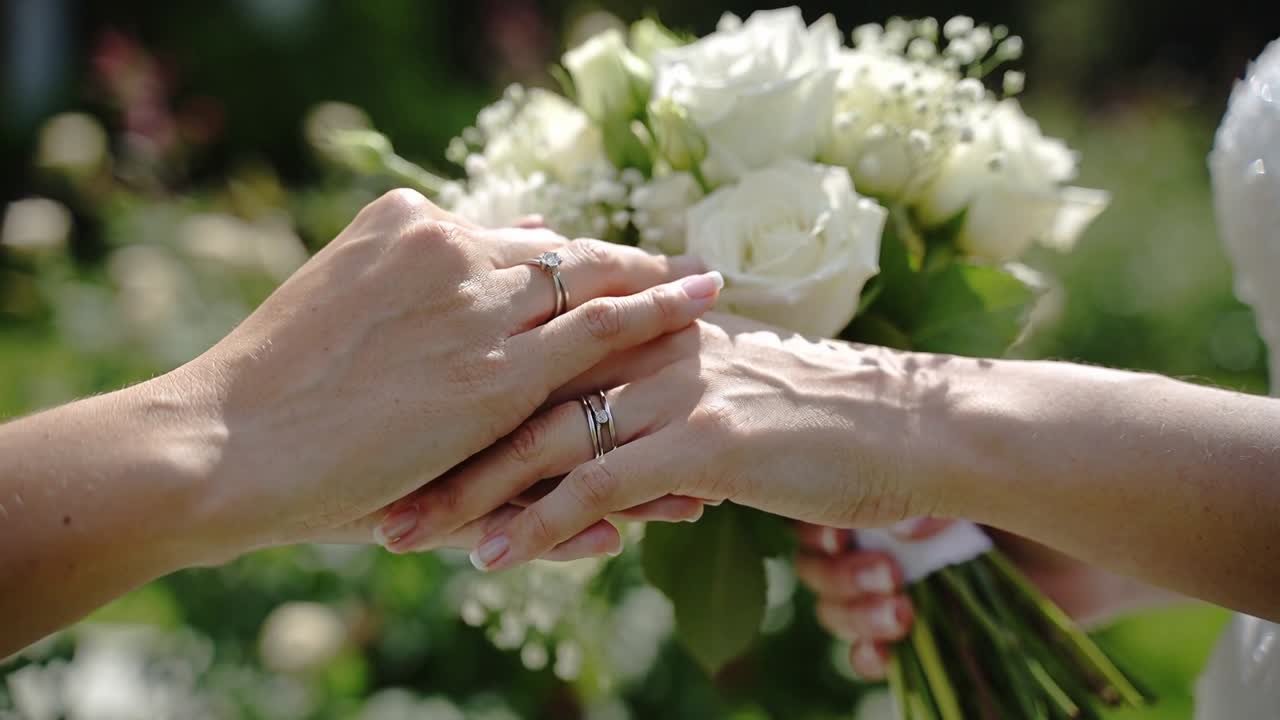 Reaching from left, partner's hand settling on bride's hand in garden, bridal dress, rings, bouquet