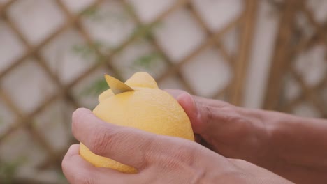 women's hands peel a lemon with a knife