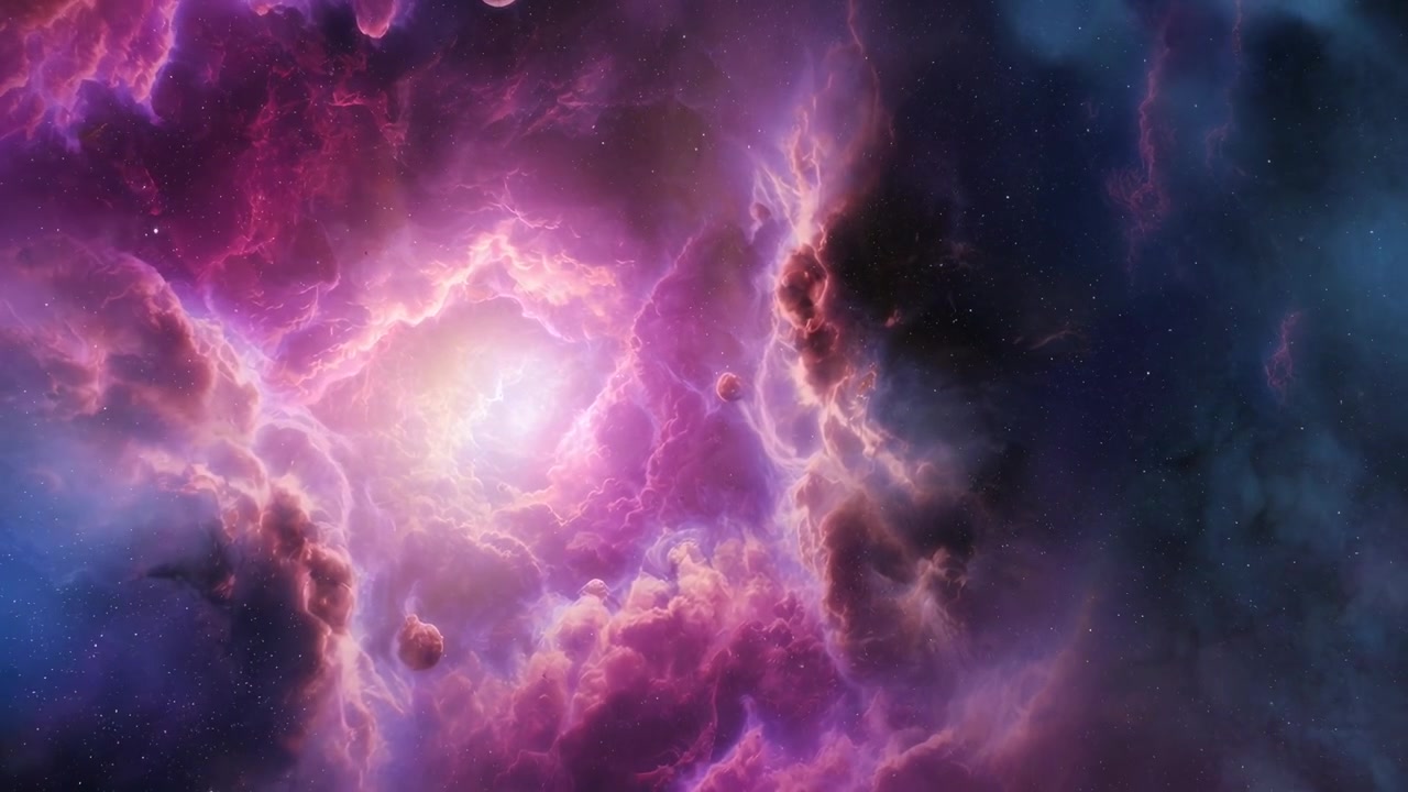 Nebulosa viola vibrante con pianeti fluttuanti nello spazio profondo