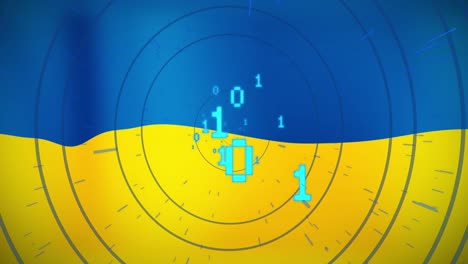 Animation-Von-Kreisen-Und-Binärcode-über-Der-Flagge-Der-Ukraine