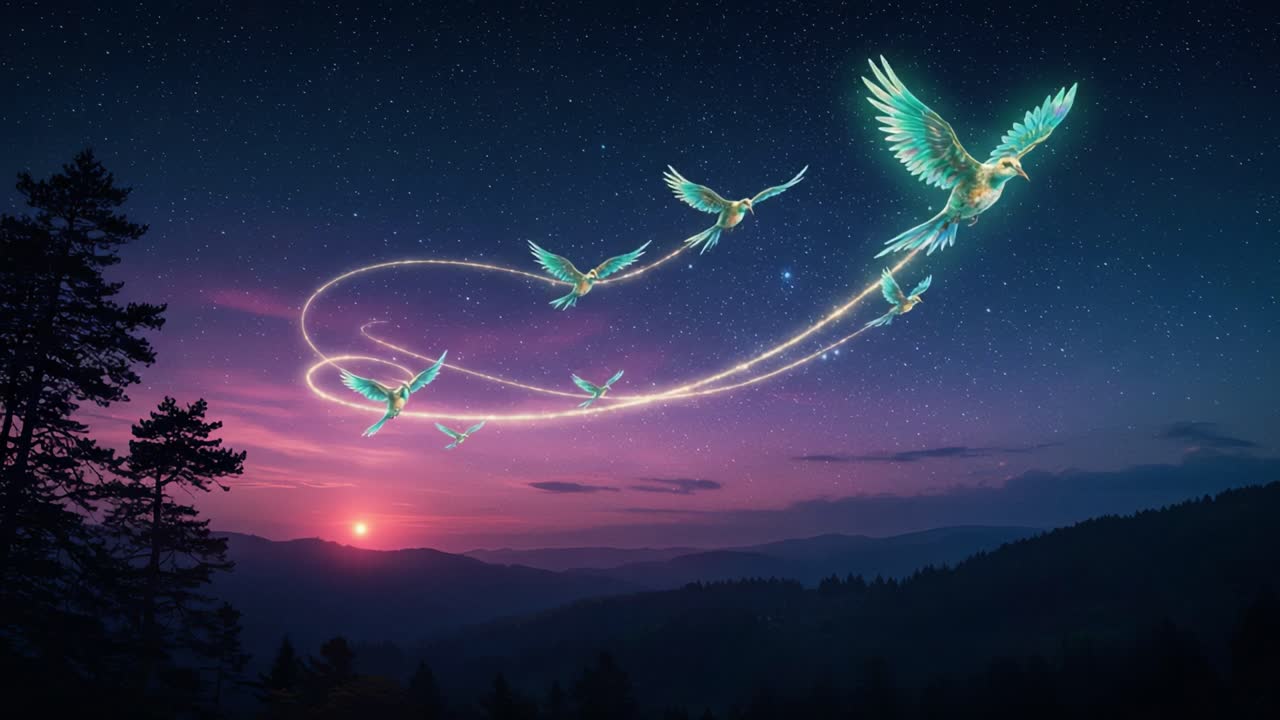 A Majestic Display of Ethereal Birds Soaring Through a Twilight Sky, Leaving a Trail of Light as the Sun Sets Over the Peaceful Mountain Landscape