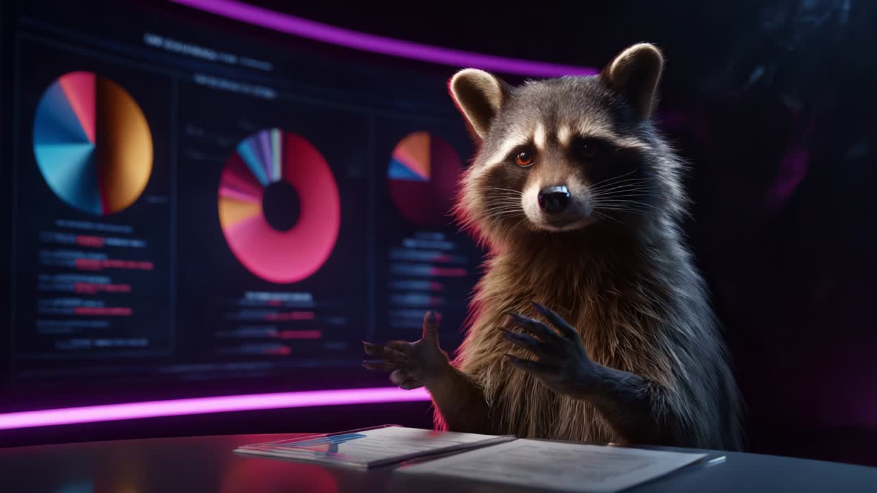 A confident raccoon engages in a lively discussion while seated at a table, surrounded by colorful pie charts and data visuals, conveying intelligence and analytical skills in an intriguing setting