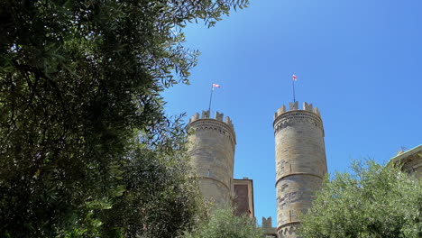 Ancient-city-Walls-of-Genoa-gate-towers,-Porta-Soprana,-Italy